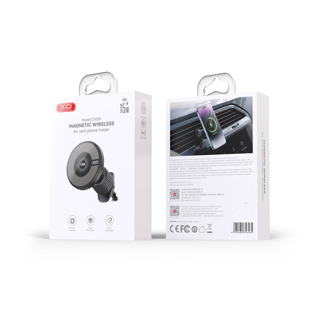 XO CX025 Car Holder Magnetic with Wireless Inductive Charger 15W Black Air Vent